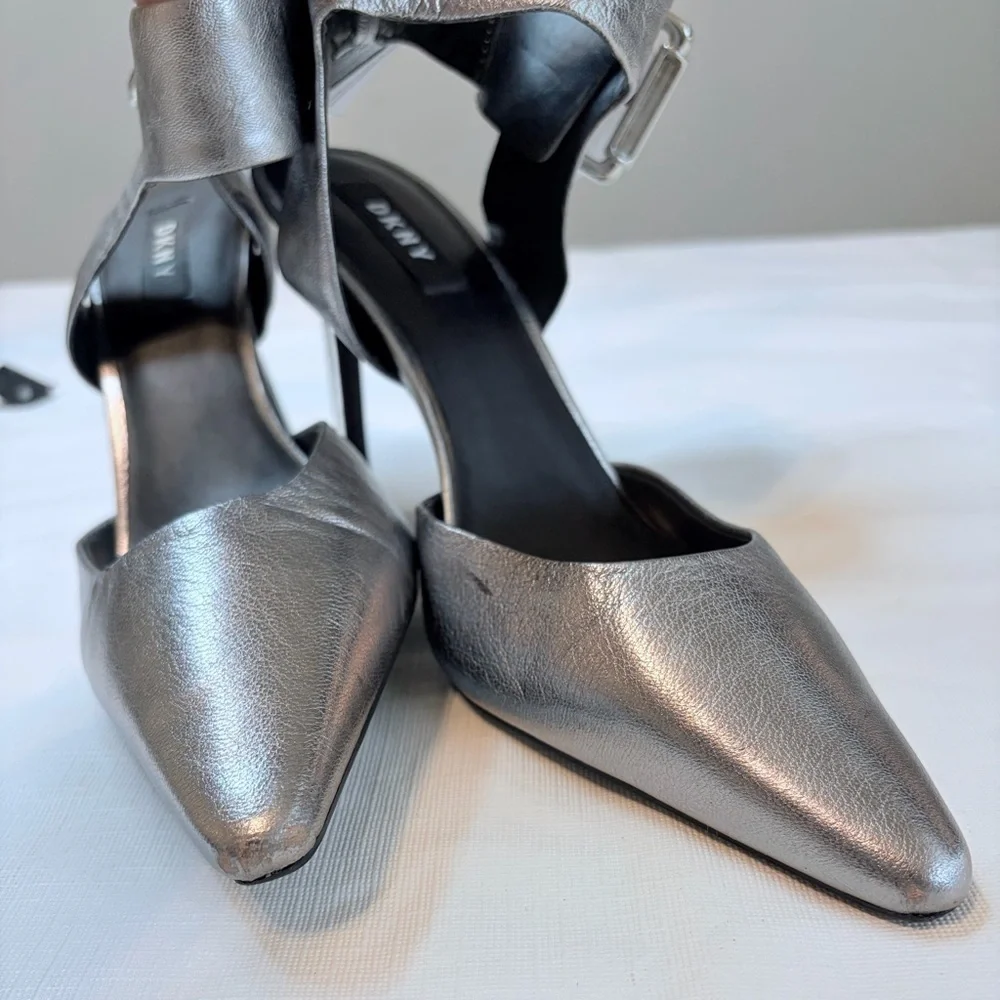 DKNY Shiny Silver Heels with Statement Buckle